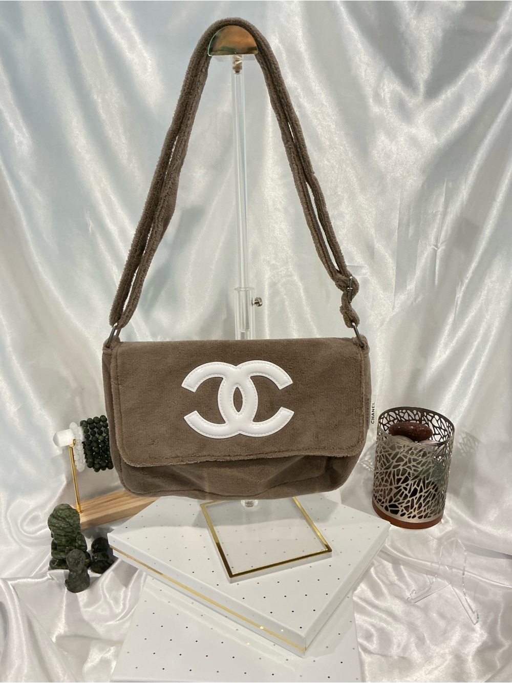 Preloved CHANEL Precision GWP Tan Fuzzy Shoulder Bag with White CC Logo